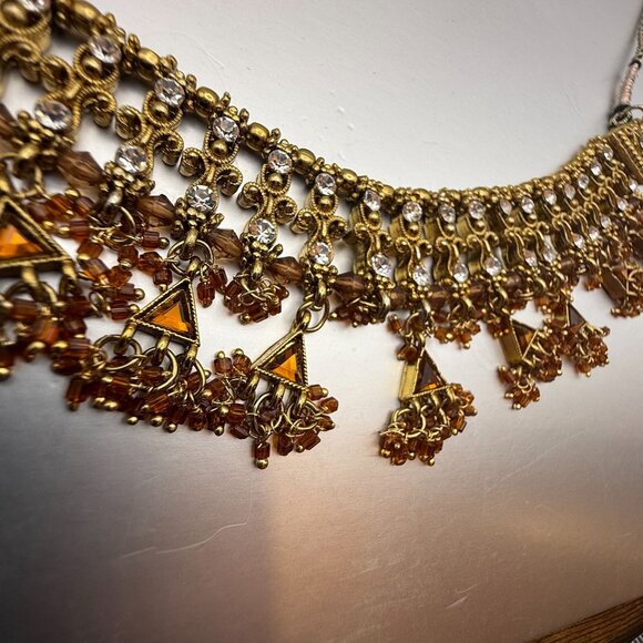 Vintage Indian Bollywood Style Gold Tone Crystal Bib Necklace With Amber Beads – - Picture 12 of 12